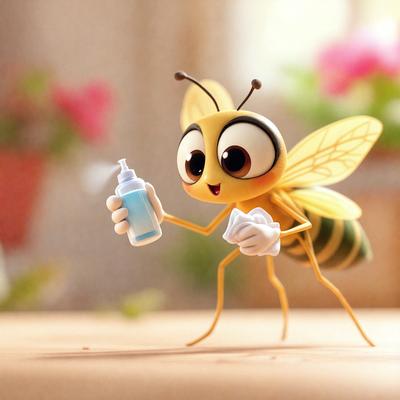 The primary subject of the image is a cartoon bee holding a bottle of lotion. The bee is standing on a table, and the bottle of lotion is in its hand. The setting appears to be a room with a potted plant in the background. The visual style of the image is a cartoon or illustration, giving it a playful and whimsical atmosphere. The colors used in the image are predominantly yellow and blue, which are associated with the bee and the lotion bottle.